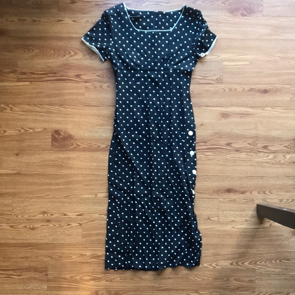 Vintage Retro Polka Dot Pencil Dress with Button Up Side Slit